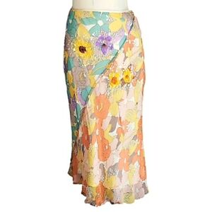 DStudio Silk Chiffon Midi Skirt 6 Floral Bias Cut Beads Sequin Tulip Slip Spring